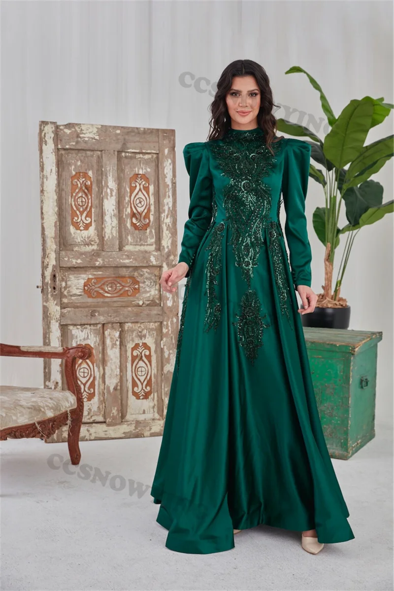 

Stain Applinques Muslim Evening Dress Long Sleeve High Neck Prom Formal Party Gown Arabic Dubai Women A Line Moroccan Caftan