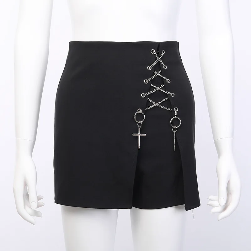Summer High Waist Gothic Dark Skinny Cool Girls Skirts Shorts Bandage Hole Necklace Women Slim Zipper Punk Mini Bottom Shorts