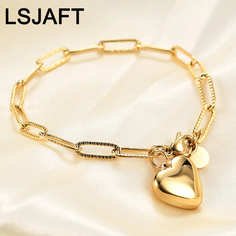 

Ins Fashion Gold Plated Stainless Steel Heart Paperclip Chian Bracelet Women Girls Coin Disc Bracelet Jewelry Gift Party Wedding