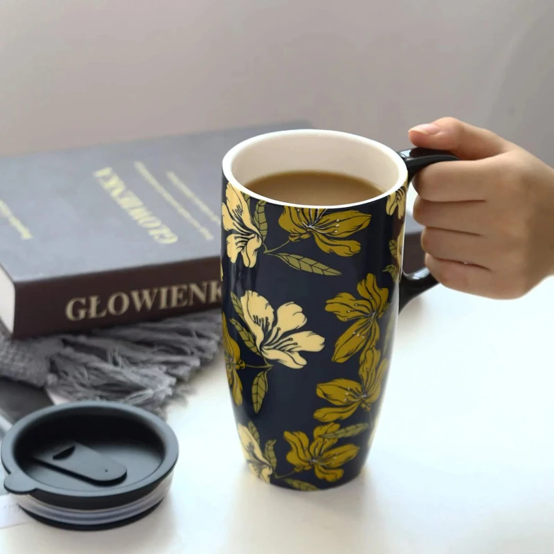 

Coffee Ceramic Mug Porcelain Latte Tea Cup With Lid 17oz. Yellow