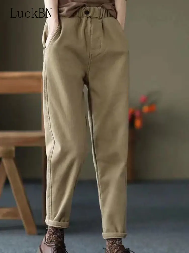 

Pure Cotton Casual Fashion Elastic Waist Harem Pants Women Vintage All-match Trousers Ladies Plus Velvet Bloomers Autumn Winter