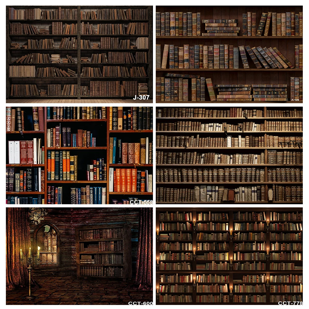 Vintage Library Antique Wooden Bookshelf Background Photography Backdrop Medieval Book Retro Books Study Children Photo Backdrop