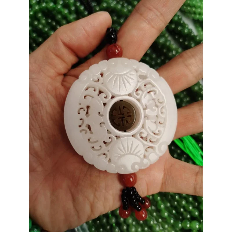 

Natural Hetian White Jade Hollow Handcarved Flower Jade Pendant necklace women men jadeite jade jewelry