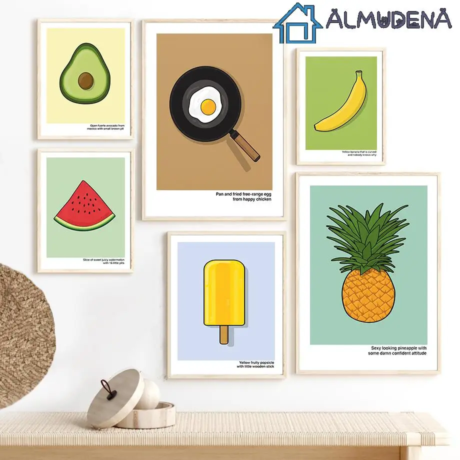 

Nordic Cartoon Fruit Food Poster Sushi Pizza Donut Pineapple Kiwi Banana Wall Art Canvas Painting for Kitchen Living Room Decor