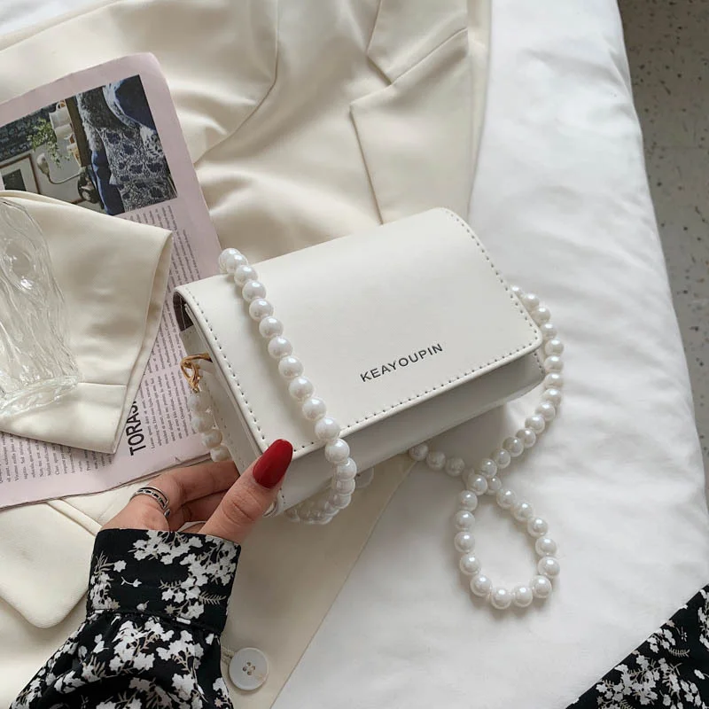 

Women Bags PU Leather Purses and Handbags Shoulder Crossbody Messenger Bag Casual Ladies Pearl Chain Mini Hand Bags Flap Phone