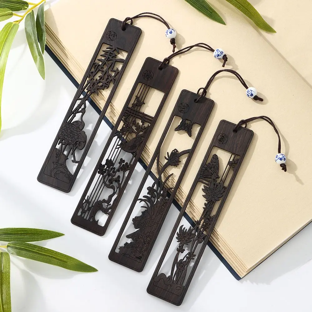 

Chinese Style Hollow Sandalwood Bookmarks Carving Wood Bookmarks with Pendant for Kids Students Gift School Office Supplies
