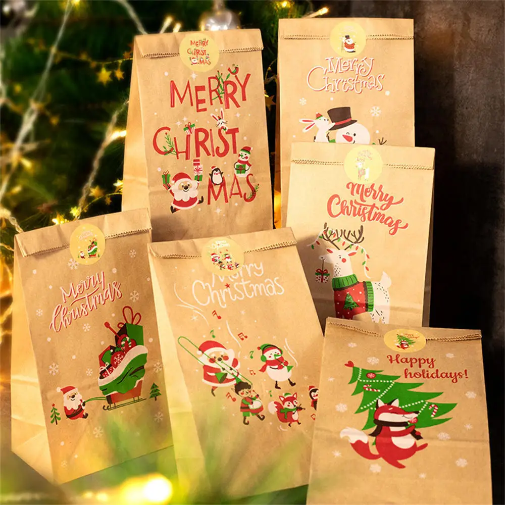 

24pcs Christmas Kraft Paper Bags Santa Claus Snowman Fox Holiday Xmas Party Favor Bag Candy Cookie Pouch Gift Wrapping Supplies