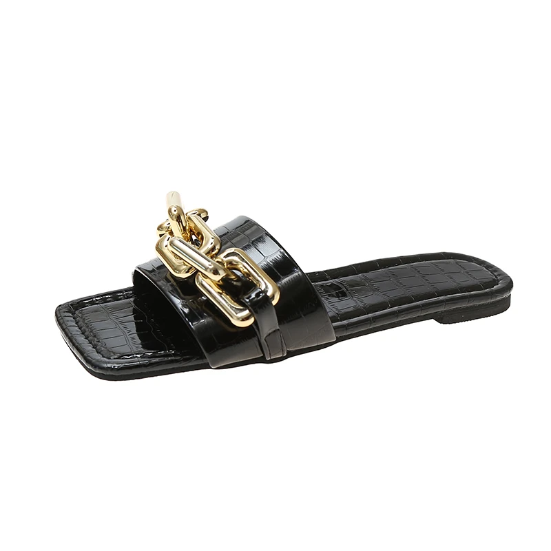 

Women's Open Square Toe Slippers Solid Color Chain Decor 2022 Summer New Popular Fashion Trendy Casual Comfy Flat Slippers