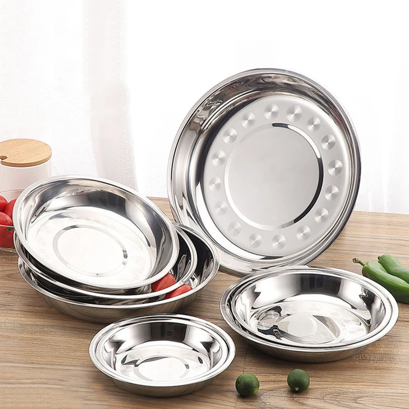

Stainless steel Dinner Plates Restaurant Serving Tray Round Dessert Cake Snack Dishes Silver Storage Plate Korean Cutlery new
