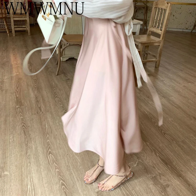 

Korean Pink Elegant Satin Skirts New Imitation Silk Bottom Wear Summer Lightweight Acetate Fairy Mini Dress Casual Loose Female