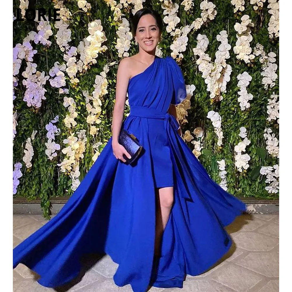 

LORIE Elegant One Shoulder Vestido De Gala Green Satin A-line Prom Dresses Women Formal Party Dresses Overskirt Evening Gowns