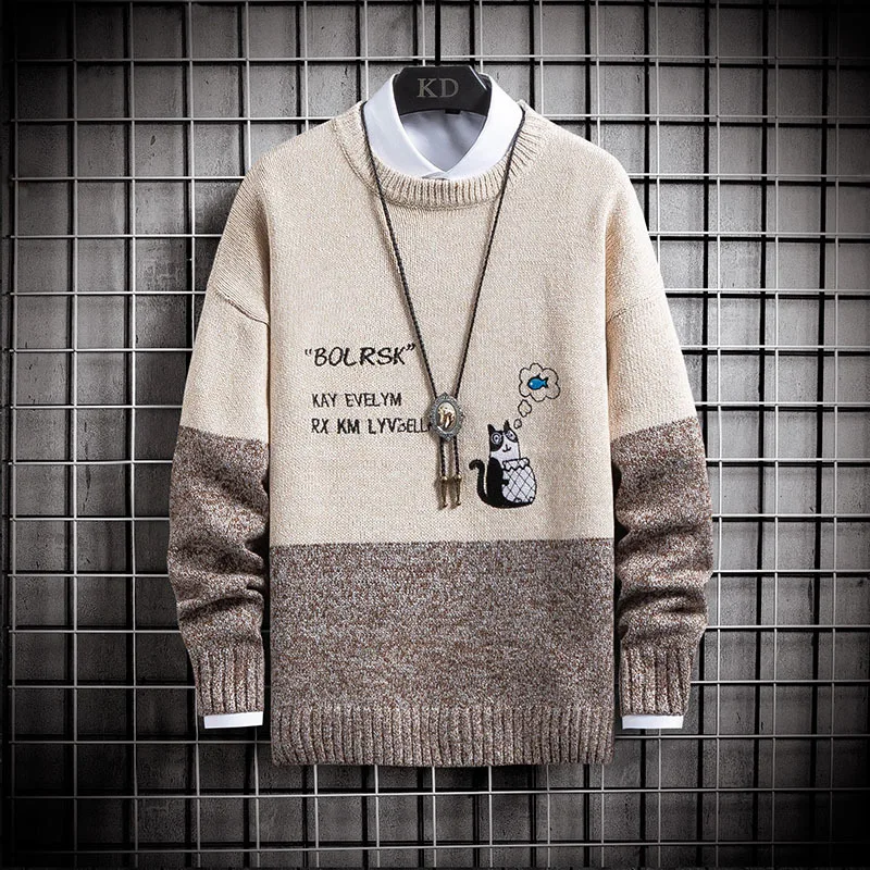 

Cartoon Cat Cute Sweater Harajuku Men Sweater Round Neck Fit Knitted Male Fashion Pullover Autumn Winter Jumper Korean Style