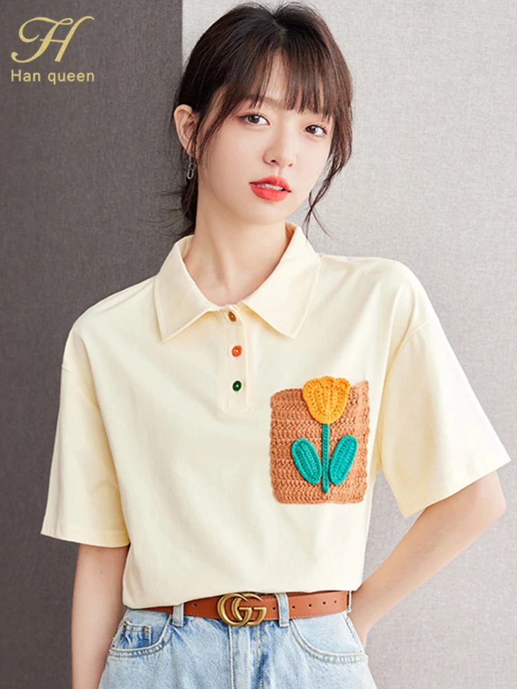 

Новинка 2023, офисные футболки H Han Queen, летняя рубашка-поло, винтажные топы, простые элегантные цветные блокирующие Женские повседневные футболки с коротким рукавом