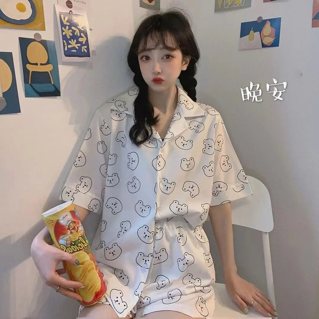 

Cute Women's Pajama 2 Pcs Summer Print Short Sleeve Ladies Sleepwear Korea Style Shorts Can Be Worn Outside Homewear For Girls