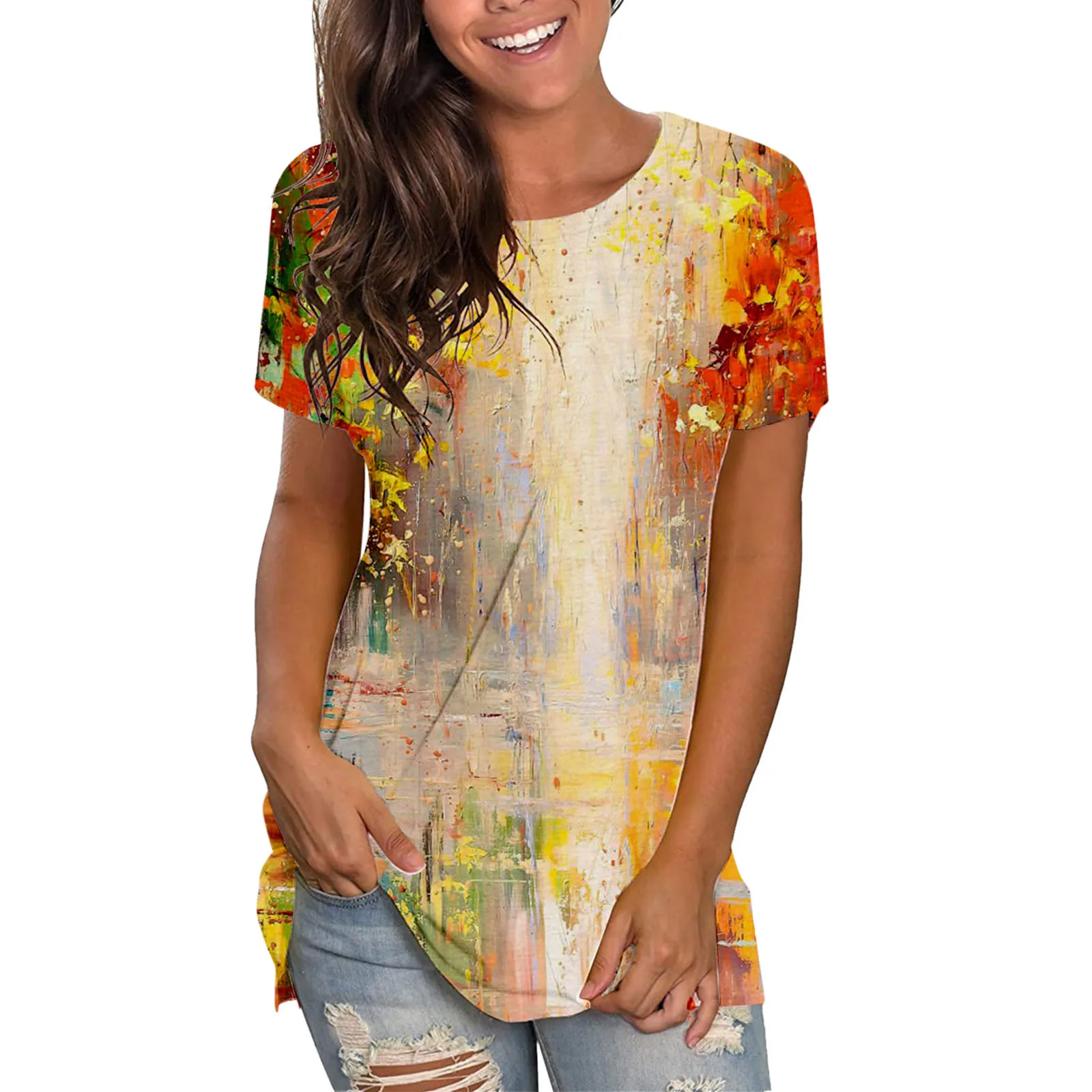 

Женские летние топы с коротким рукавом и круглым вырезом