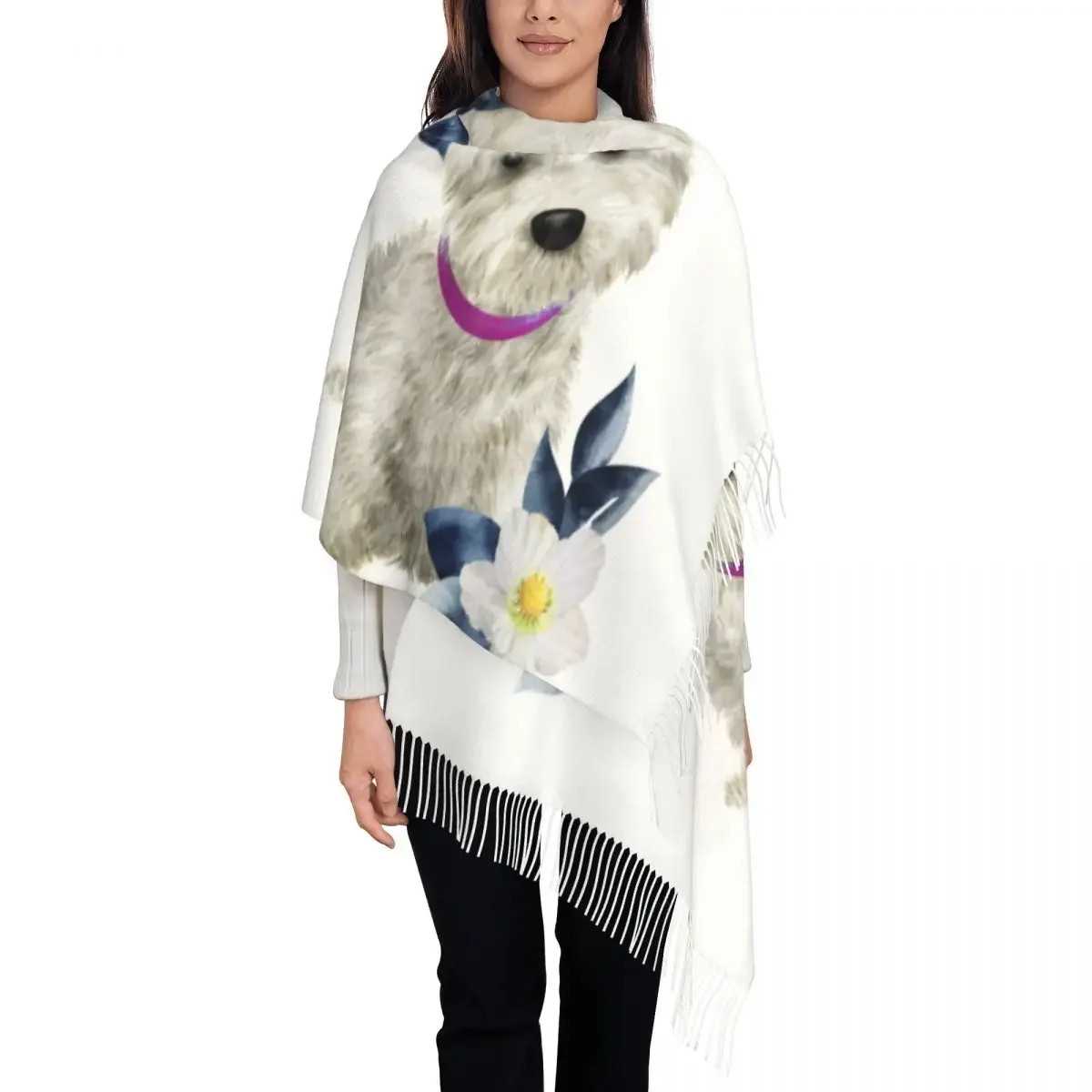Шарф Westie с цветами для женщин Длинная зимняя Осенняя теплая шаль кисточками
