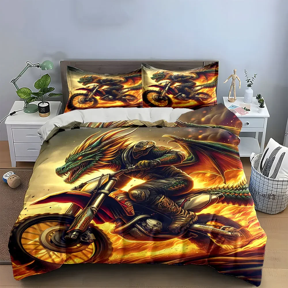 Фото Набор постельного белья с принтом «Dragon Moto Rider»: мягкий и удобный комплект, включающий 1 пододеяльник и 2 наволочки, подарок №3