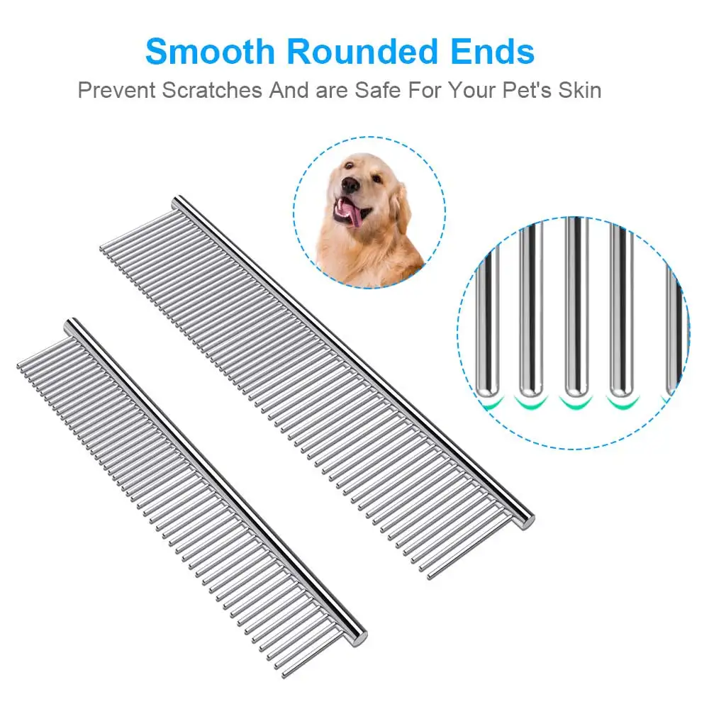 

2Pc Dog Comb Cat Brush Pet Hair Removal Dog Comb Long Thick Hair Fur Removal Brush Combs with Rounded Ends Stainless Steel Teeth
