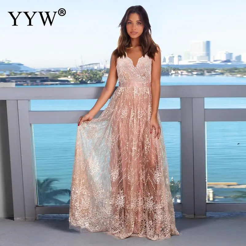 

2022 Women's Sequin Slit Long Dress Sparkle Sexy V Neck Mesh Sheer Crystal Maxi Dress Spagetti Straps Party Bodycon Gown Outifts