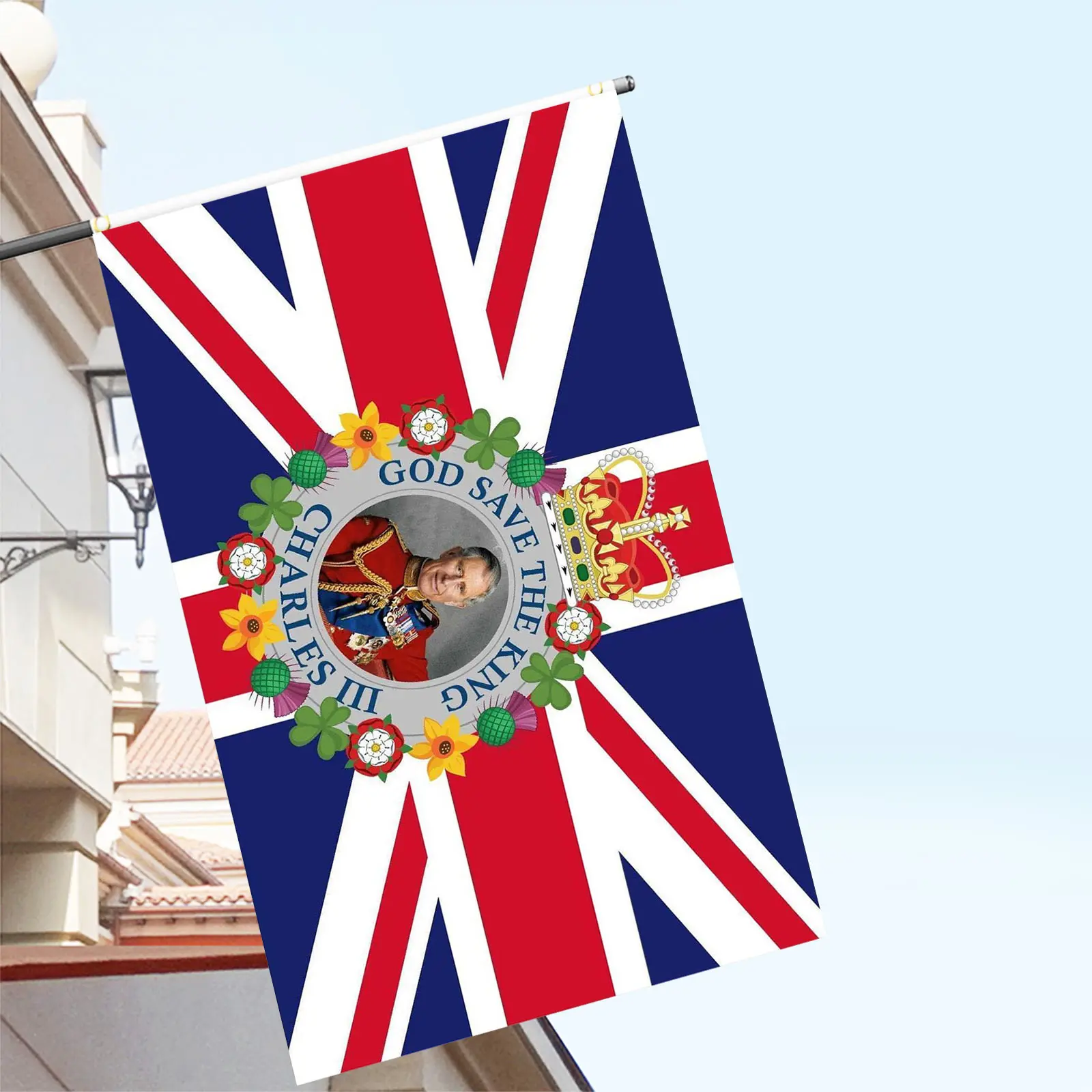 

Areyourshop God Save The King Charles Flag 5X3FT Prince Charles New King Flag полиэстер
