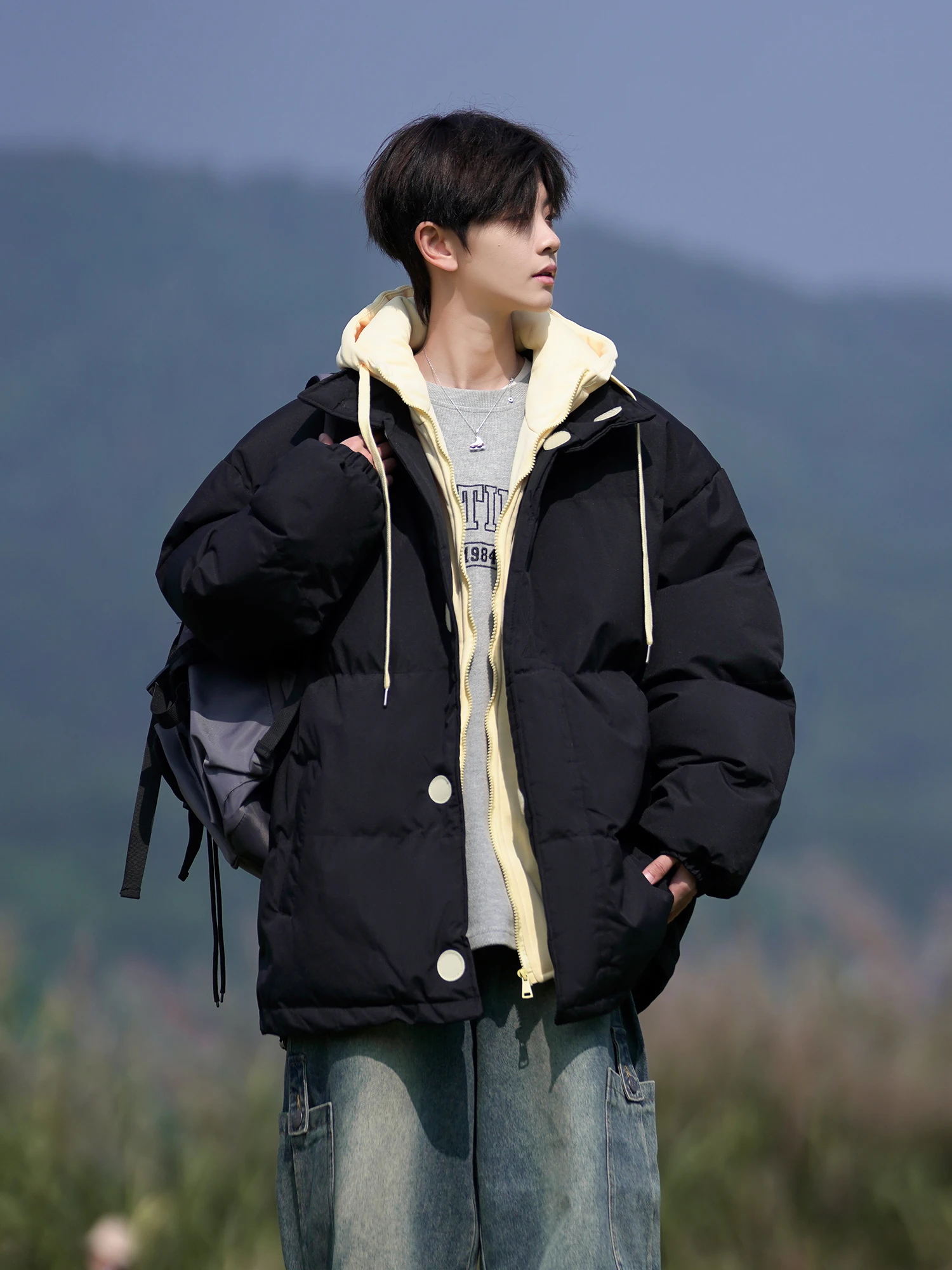 Fat Brother Cold-Proof Fake Two Pieces Hood Cotton-padded jacket Men's Winter Trendy Plus size Loose Outerwear All-Match ...