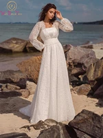 Full Sleeves Beach Wedding Dresses 2022 Lace A Line Sweep Train Bridal Gowns Women Empire Waist Bride Elegant Women Closed Back