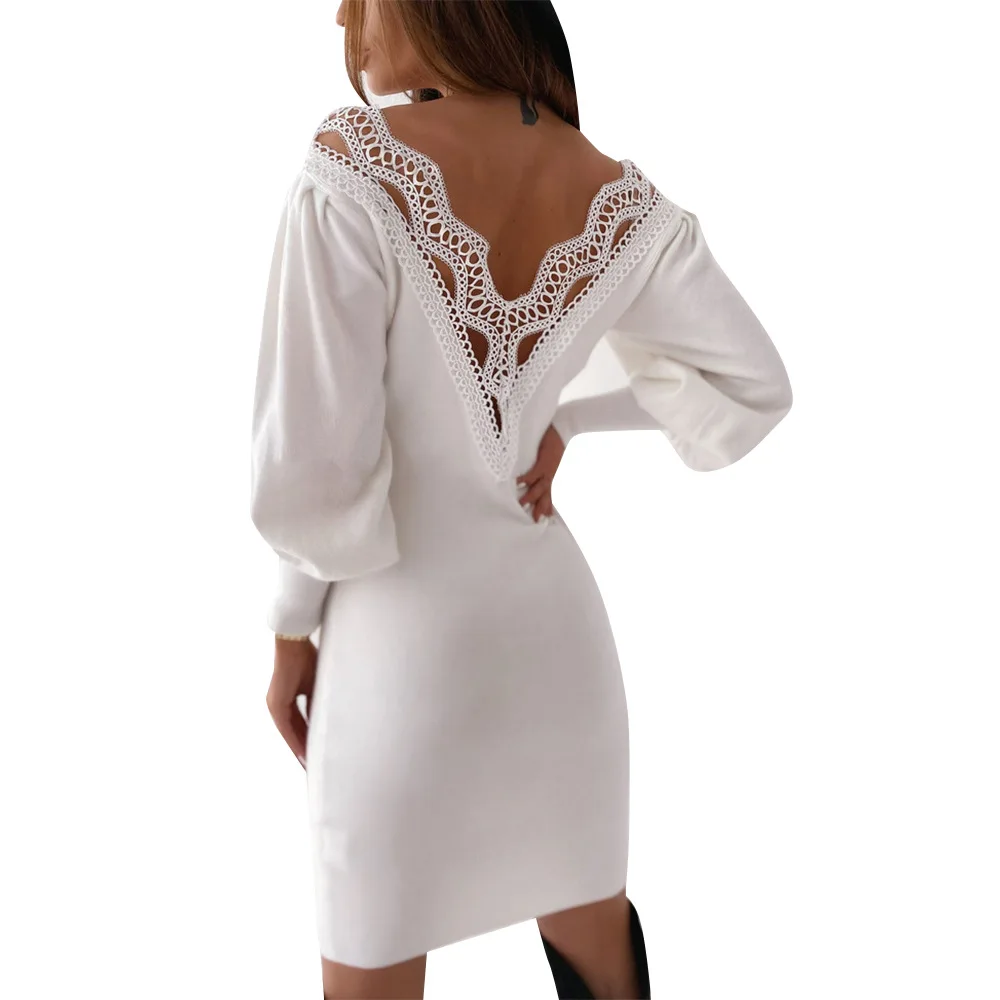 

2022 European and American Autumn Sexy Backless Hollow Lace V-neck Solid Color Dress Women's Slim Waist Mid-length Skirt