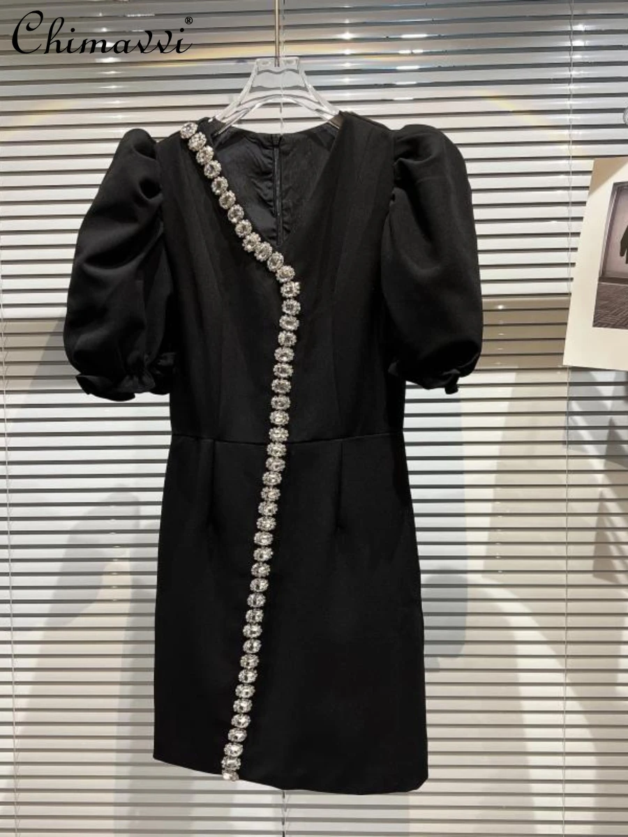 

2022 Summer Fashion Particles Rhinestone Ornament Padded Shoulder Puff Sleeve Short Dress High Waist Slim Short Elegant Dress