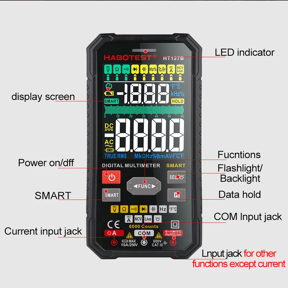Цифровой мультиметр HT127B высокоточный мини-ампервольтметр умный Электрический
