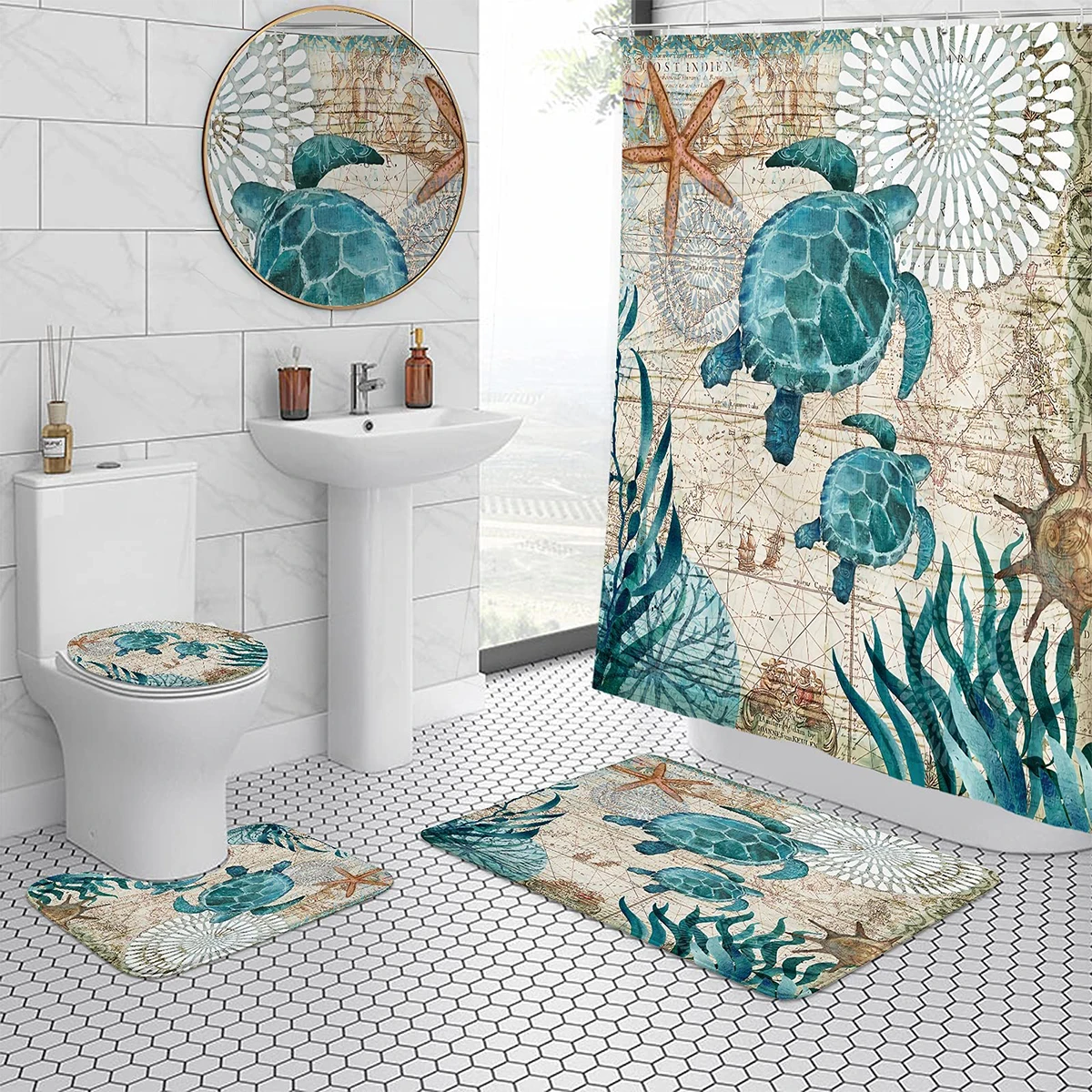 

Набор штор для душа Marine Life, 5 видов, Нескользящие коврики, крышка для туалета и коврик для ванной, водонепроницаемая душевая занавеска С 12 крю...