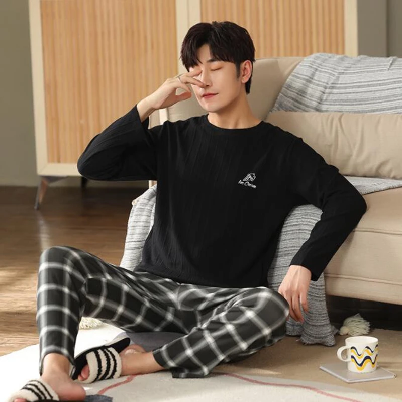 Men's Autumn Winter Cotton Pajamas Suit Letter Striped Sleepwear Casual Sleep&Lounge Pyjamas Pijama Home Clothes