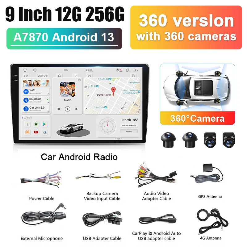

A7870 Android Auto 9 10-дюймовый экран 2K с 360 камерами Беспроводной CarPlay 12 256 Android 13 Автомобильный мультимедийный плеер для KIA HYUNDAI