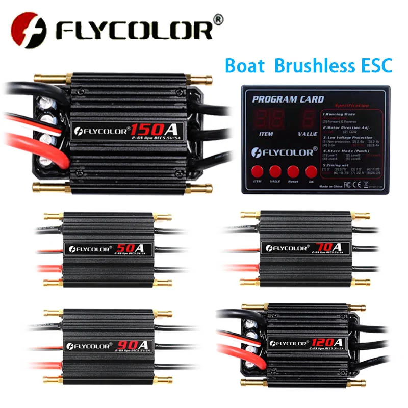 

FLYCOLOR ESC 50A 70A 90A 120A 150A Brushless ESC Waterproof Speed Controller Support 2-6S Lipo BEC 5.5V/5A for RC Boat