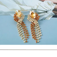 2022 fashion champagne rhinestones tassel drop earrings oversize long tassel crystal earrings for women statement jewelry gift