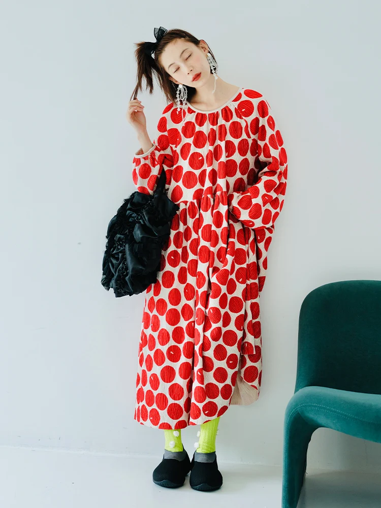 Imakokoni Original Design Round Neck Long Sleeve Pullover Dress Women's Polka Dot Print Casual Loose Japanese Style Skirt 223835