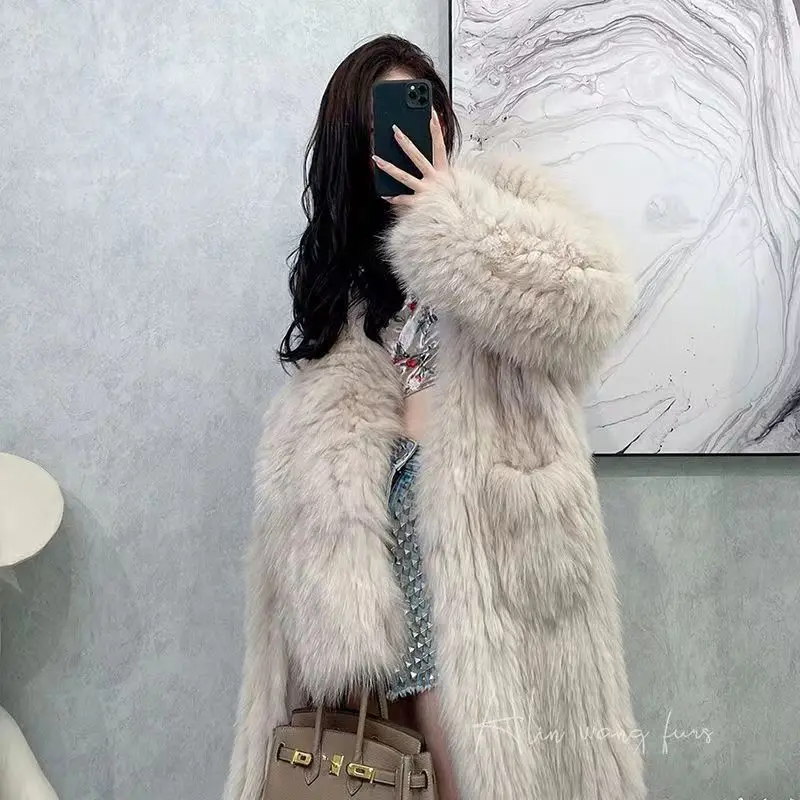 2022 Autumn And Winter New Fashion Temperament Outer Loose V-neck Knitted Mid-length Faux Fur Coat Women