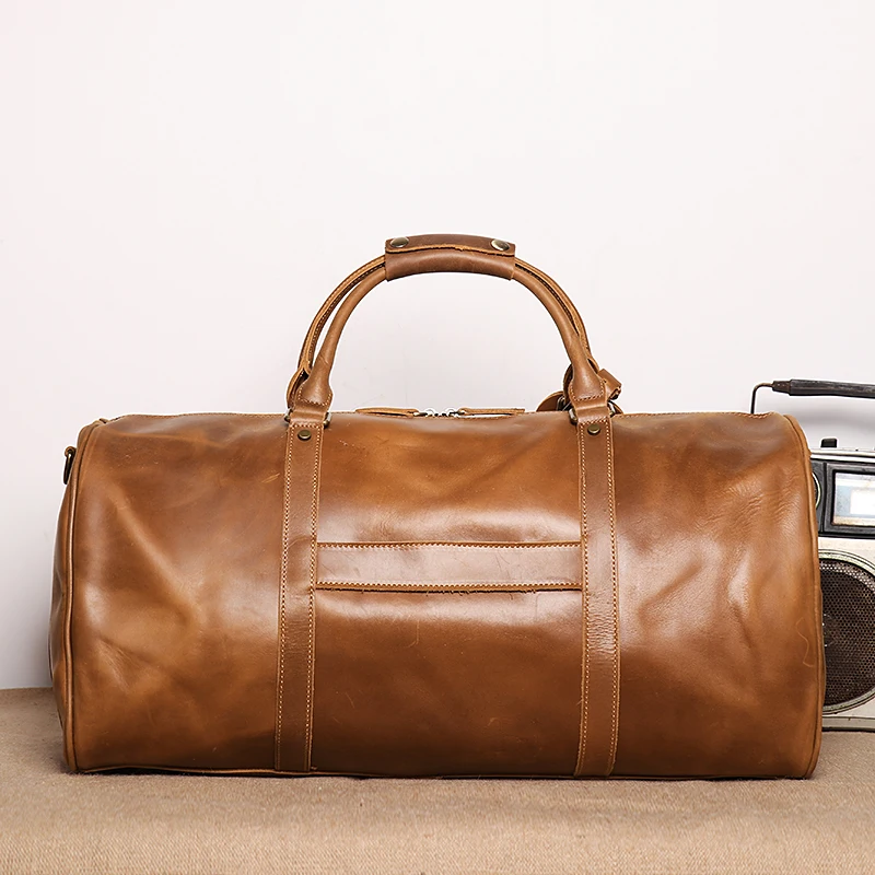 Vintage Men's Crazy Horse Leather Duffle Bag Large Capacity Genuine Leather Travel Bag Single Shoulder Bag 16 Inch Laptop