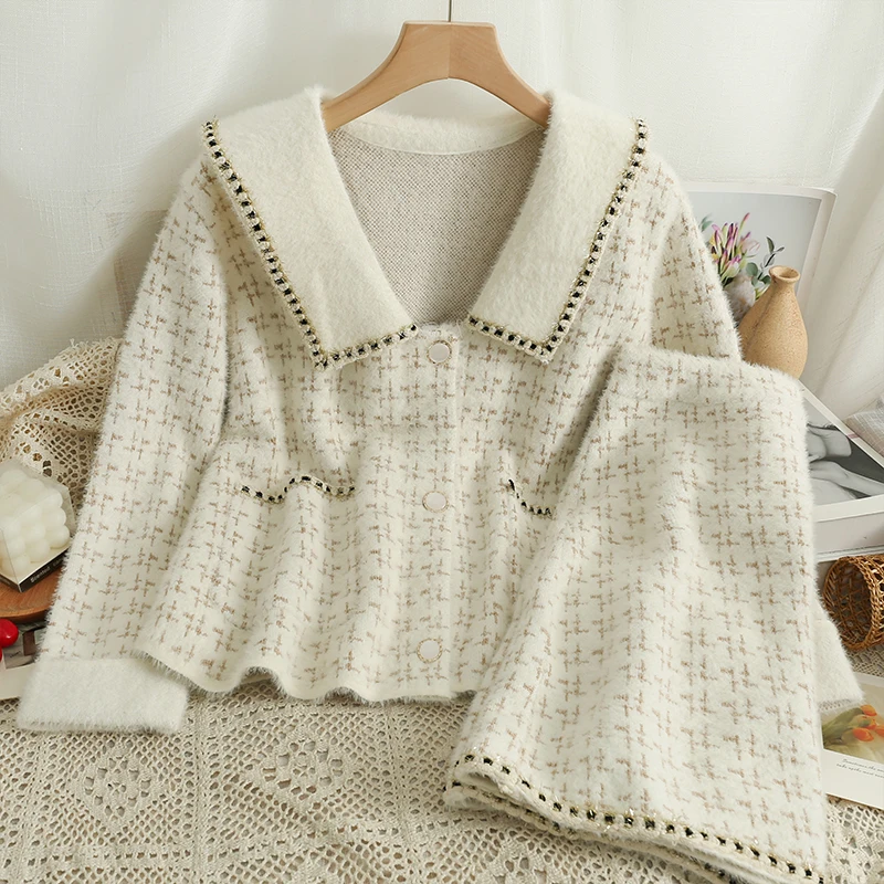 

Two Piece Sets Womens Outifits Autumn Elegant Turn-down Collar Long Sleeve Coats+Elastic High Waist A-Line Skirts Woman Suits