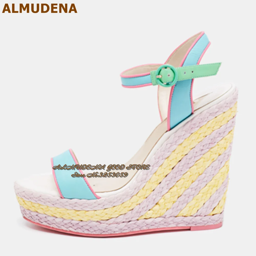 

ALMUDENA Pink Yellow Rope Espadrille Wedge Heel Sandals Turquoise Matte Leather Strap Buckle Dress Shoes Braided Platform Pumps