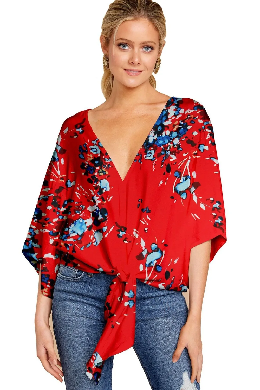 

Sandro Rivers Women's Casual Floral Blouse Batwing Long Sleeve Loose Fitting T-Shirts Boho Knot Front V-neck Tops