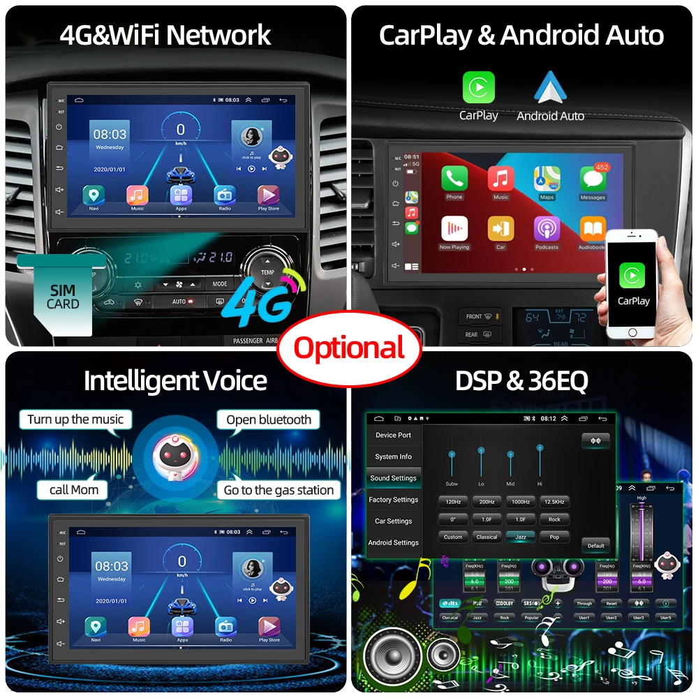 $52.33 Podofo AI Voice 2din Android Car Radio Multimedia Video Player Autoradio 2 Din 7'' Carplay Stereo GPS Maps For VW Nissan Toyota