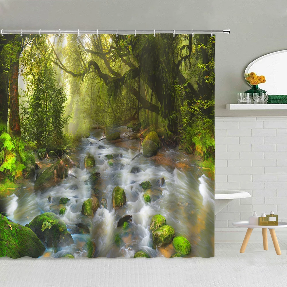 

Shower Curtain Forest Mountain Tree Blue Sky Sunlight Beautiful Spring Scenery Bathroom Decor Curtains Set Waterfall Landscape