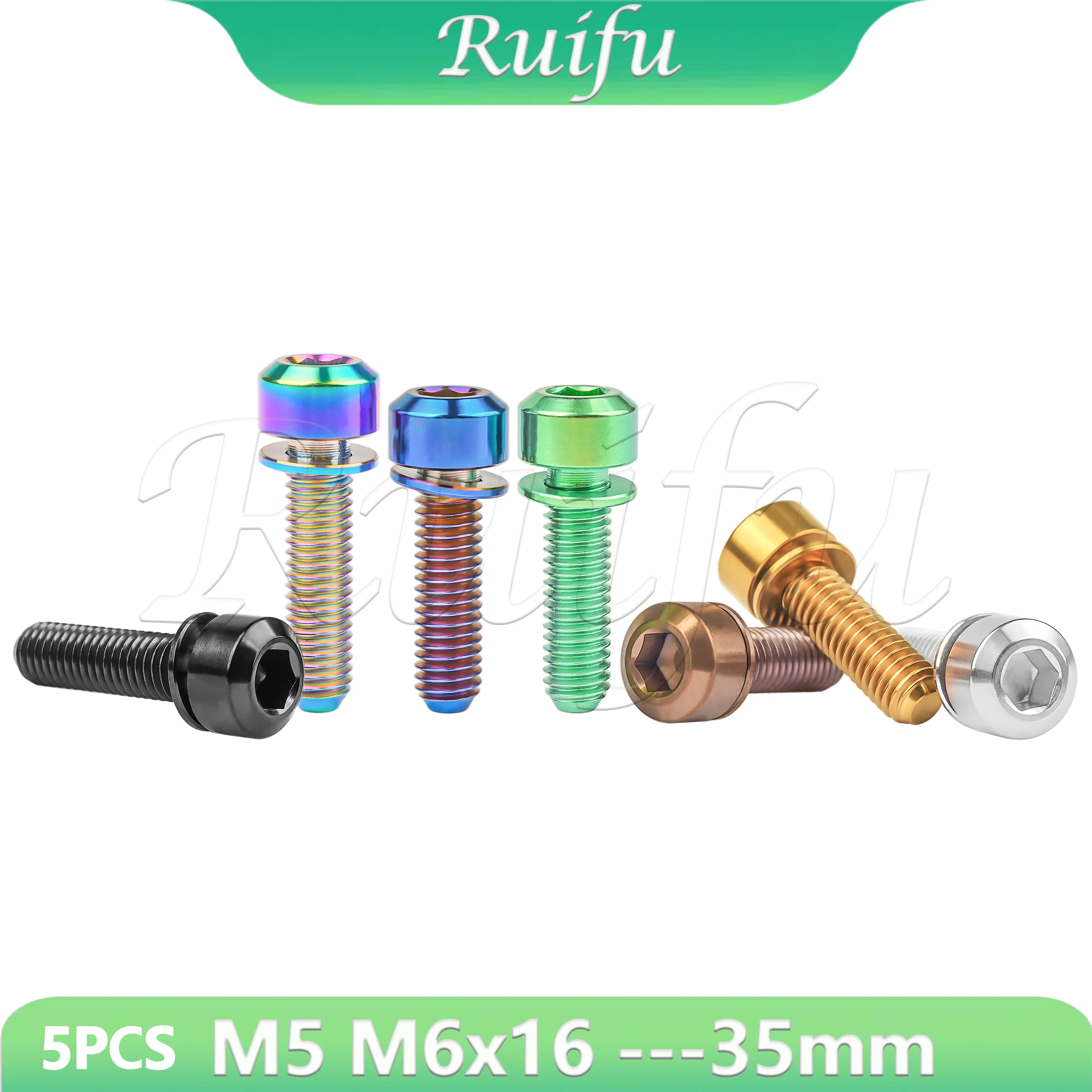 Фото Титановые болты Ruifu, 5 шт., M5/M6x16, 18, 20, 25, 30, 35 мм, с фаской, шестигранная головка, с несъемными шайбами №1