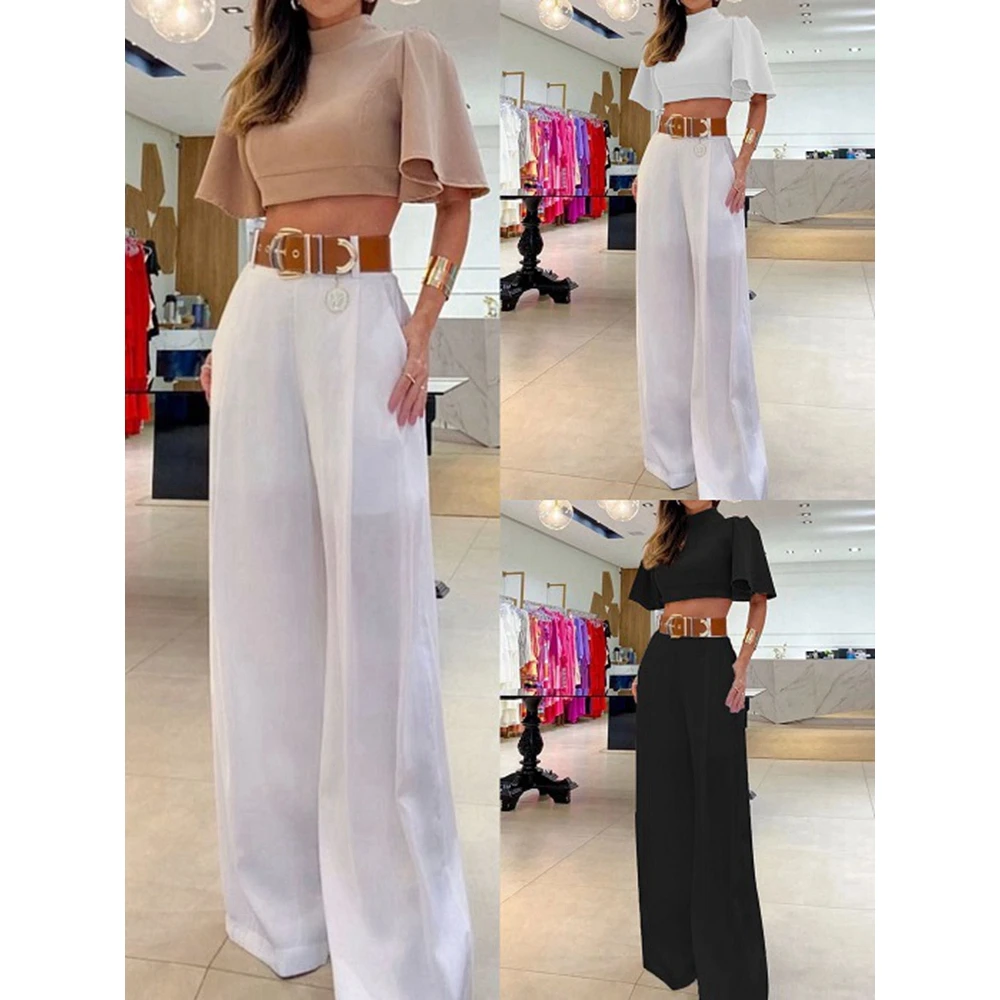 Women Summer Fashion O-neck Flying Sleeve Cisscross Backless Short Top & Wide Leg Pant Sets Casual Two Pieces Set Hip Hop Sets