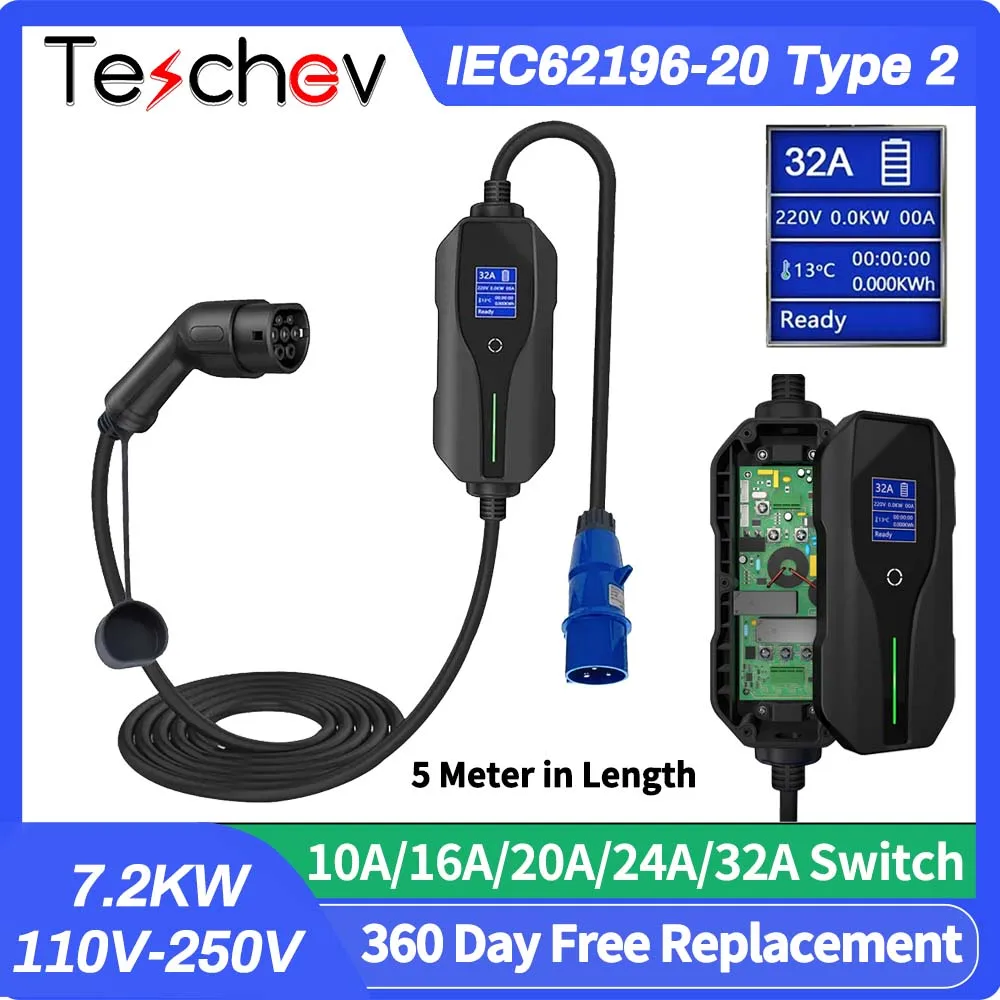 

Teschev 7KW EV Charger With 5M Cable Type2 IEC 62196-2 8A 16A Adjustable Current Vehicles Electric Vehicle Car Charging Wallbox