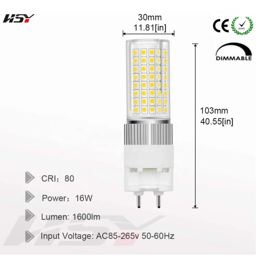 5PCS G12 LED Light 16w With Cover 85-265V 3000k 4000k 6500k 30x103mm 120PCS 2835SMD PF0.9 Dimmable LED G12 Lamp