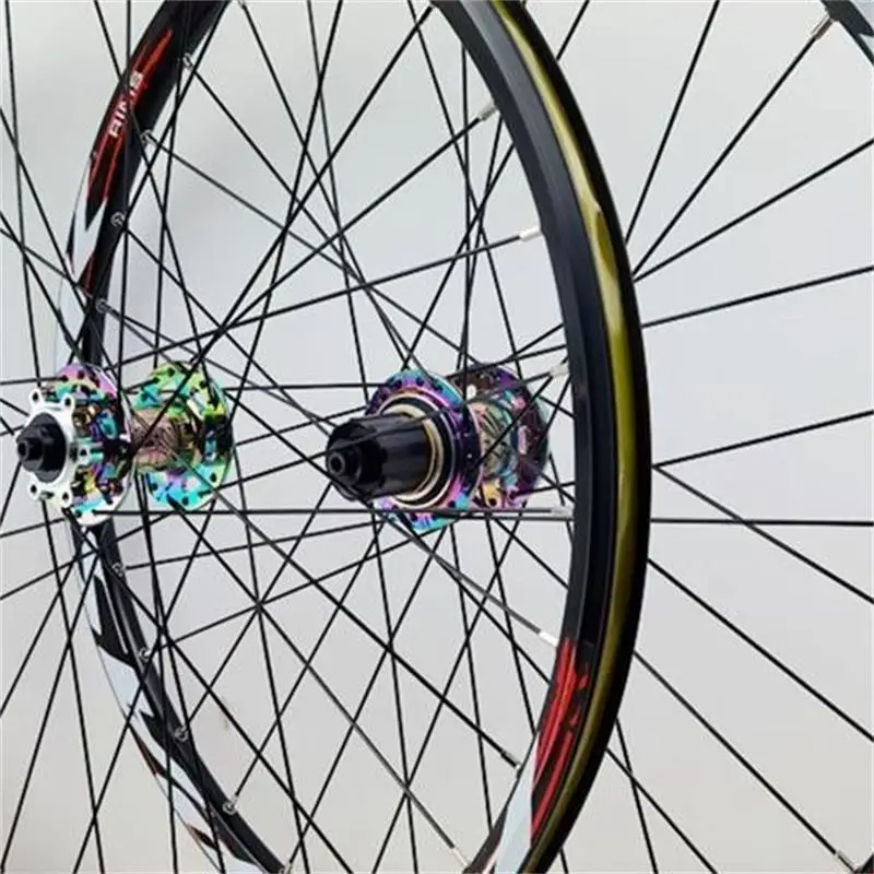 Фото Колесный комплект PASAK для MTB велосипедов 26, 29, 27.5 дюймов, со сквозной осью 100/142 мм, XD/HG/MS, 6 пальцев, быстросъемный QR 9 мм, цветной радужный дизайн №1