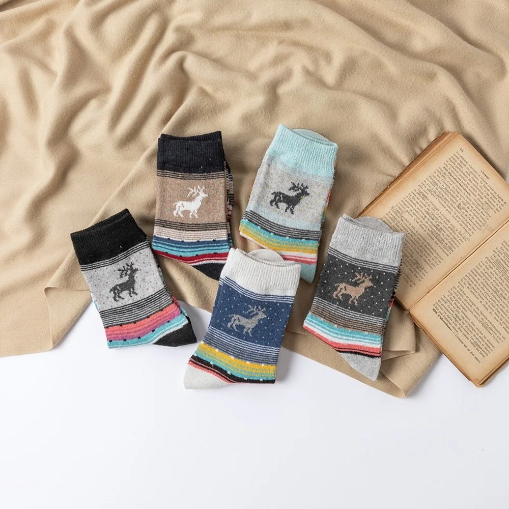 2022 Autumn and Winter New Thicken Warm Rabbit Wool Socks Ethnic Style Colorful Christmas Gifts Striped Deer Casual Women Socks