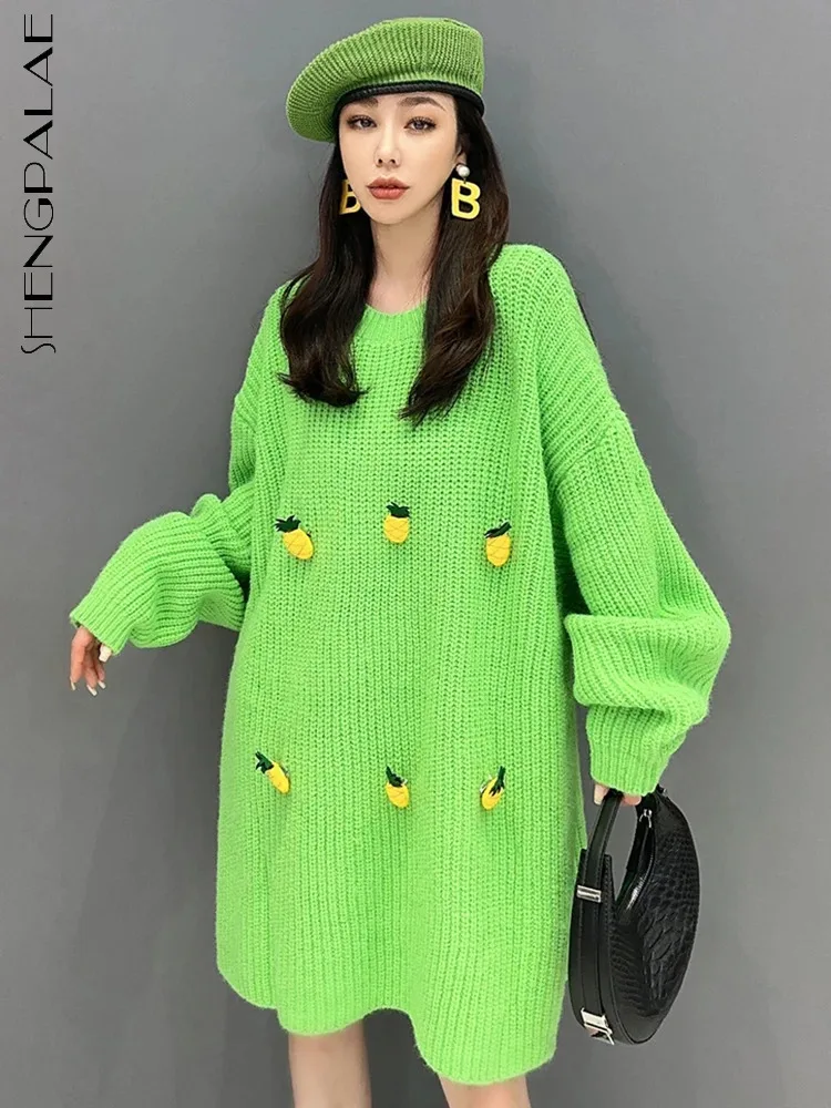 

SHENGPALAE корейский модный женский свитер осень 2023 Новый однотонный фруктовый булавка свободный Универсальный вязаный пуловер с круглым вырезом 5R7764