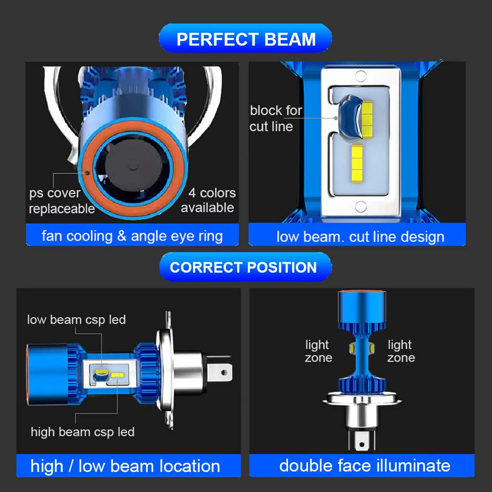 Plug&play 30W 3200lm LED H4 Car Headlight Hi-low Beam HS1 P43T Motorcycle Auto Scooter Light Angel Eye Blue White 6000K 12/24V images - 6